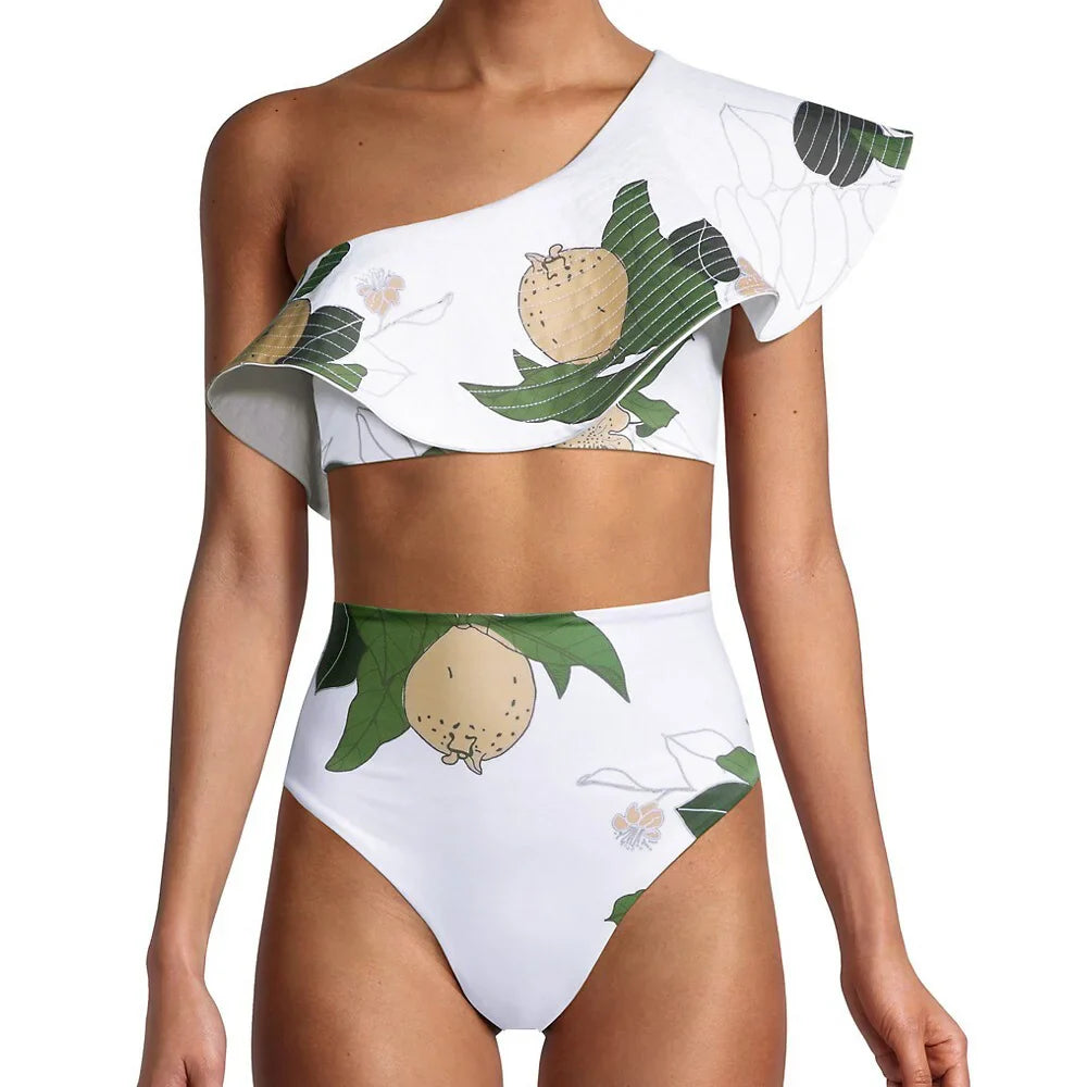 Women's Printed Ruffle Swimsuit Fashion One Shoulder Slash Breasted Bikini Two Piece High Waisted Tummy Tuck Beachwear 2024 New