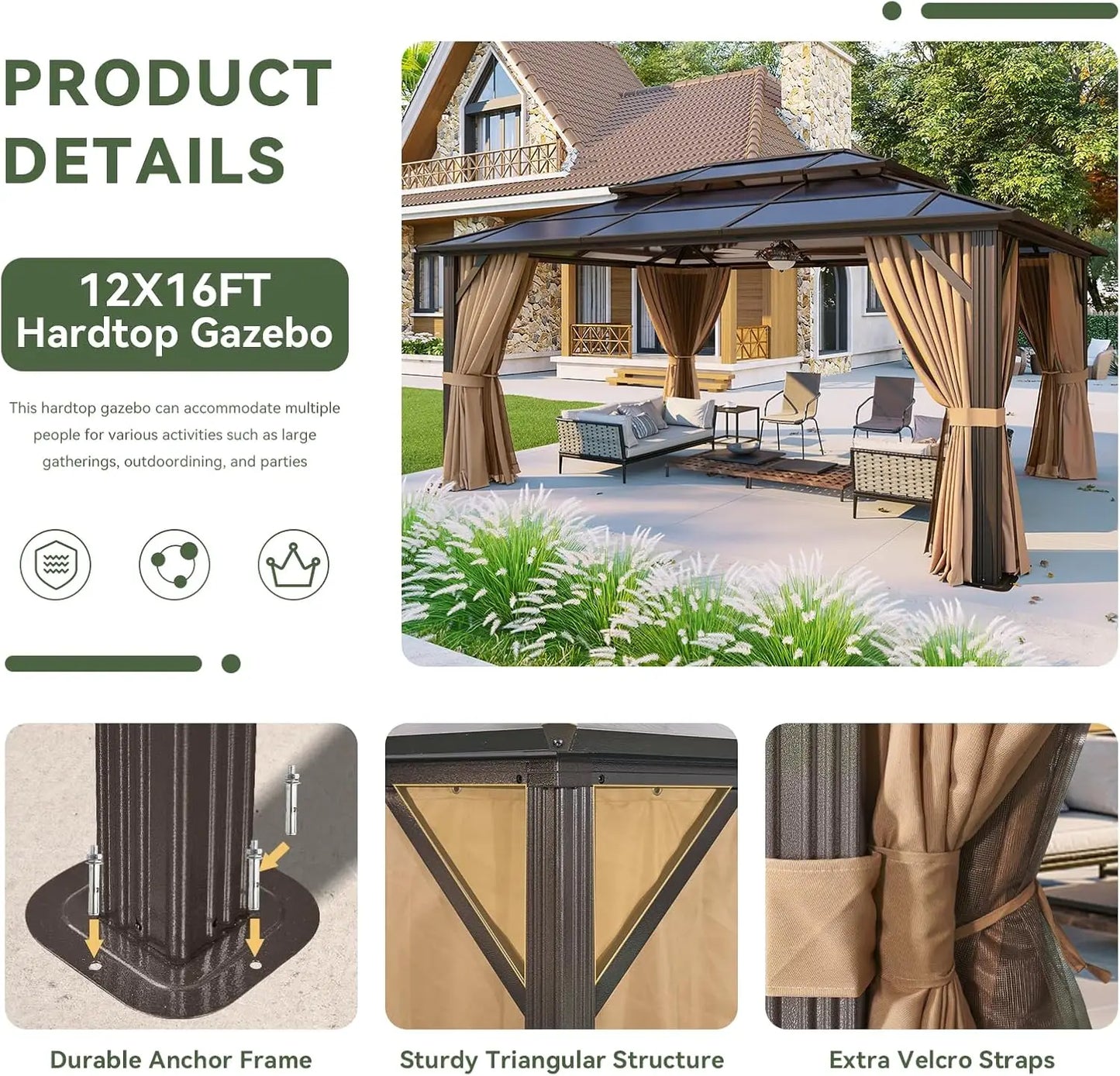 Aoxun 12'x16' Hardtop Gazebo, Aluminum Frame Permanent Pavilion with Curtains and Netting, Outdoor Polycarbonate Double Canopy