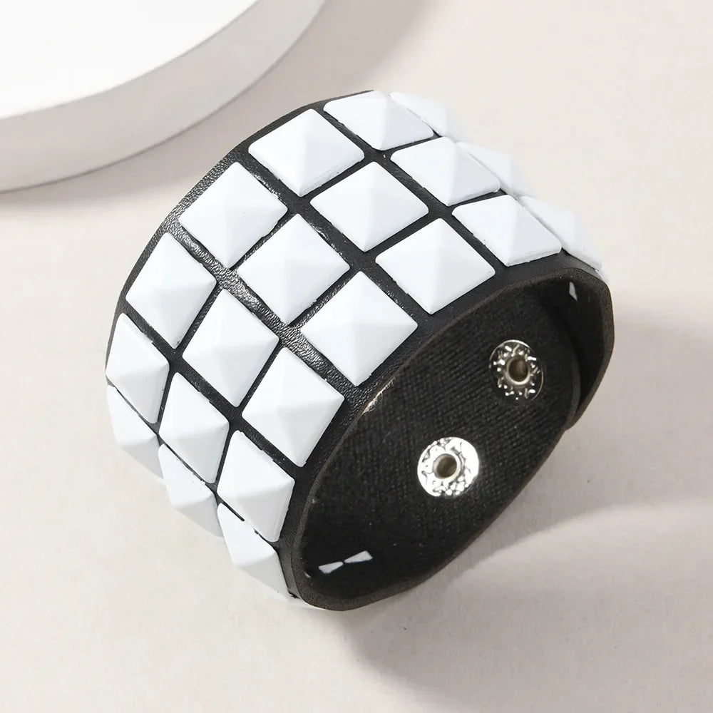 18 Color Punk Hip-Hop Three Rows of Square Rivets PU Leather Big Wide