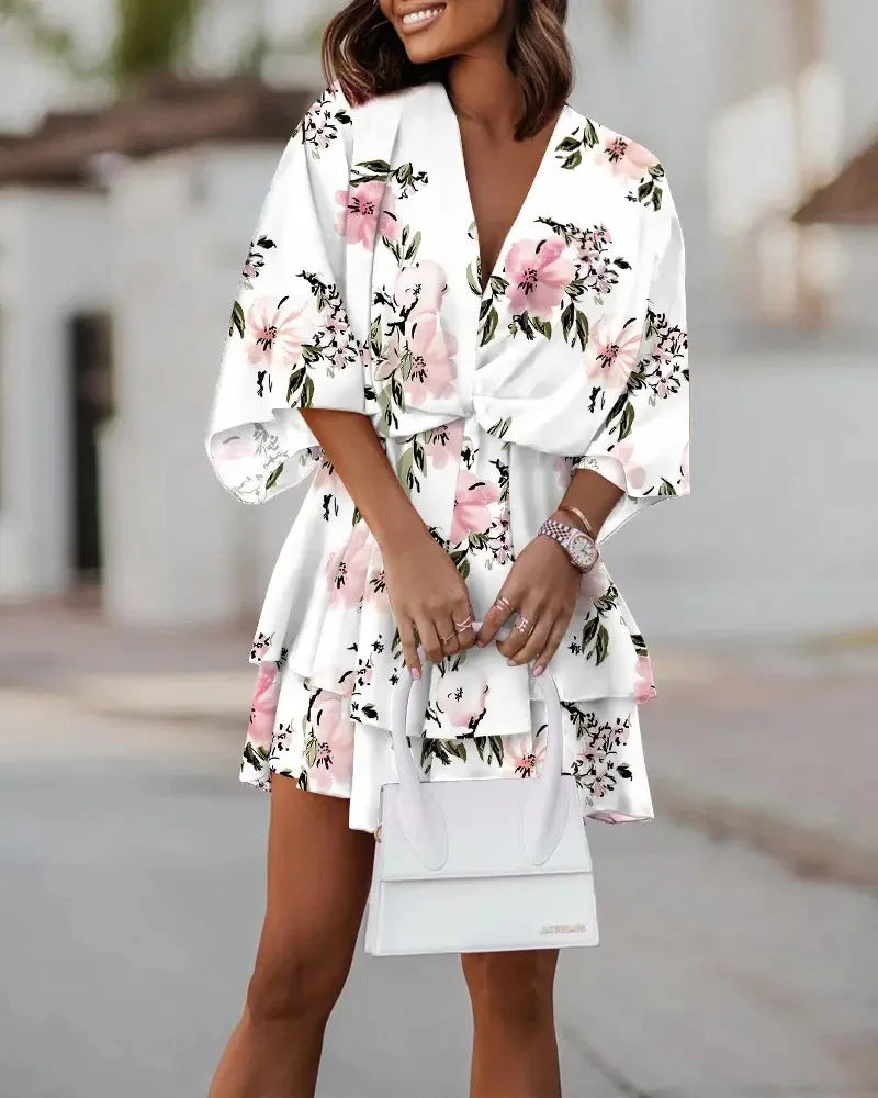 2024 Women's Cross border with Batted Sleeves Fashionable Printed Dress