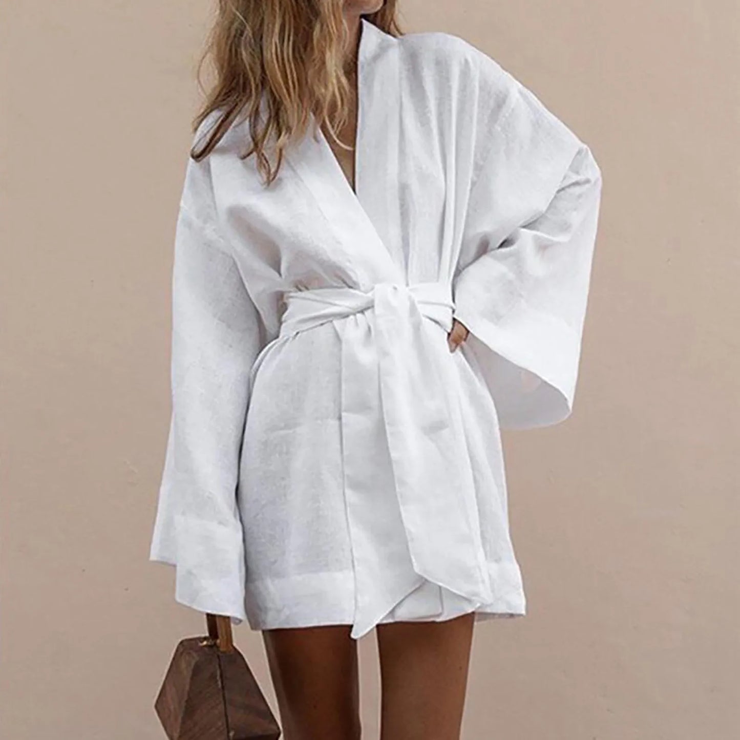 Women's Lace Up V-Neck Mini Dress 2025 New Cotton Linen Sashes Dresses Solid Long Sleeve Vestidos Loose Kimono Cardigan Dress