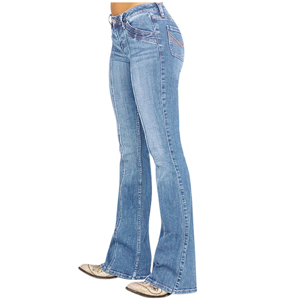 Denim Jeans For Women Mid Waisted Denim Jeans Embroidery Stretch Button Flare Pants Jeans Loose Casual Straight Jeans Vaqueros