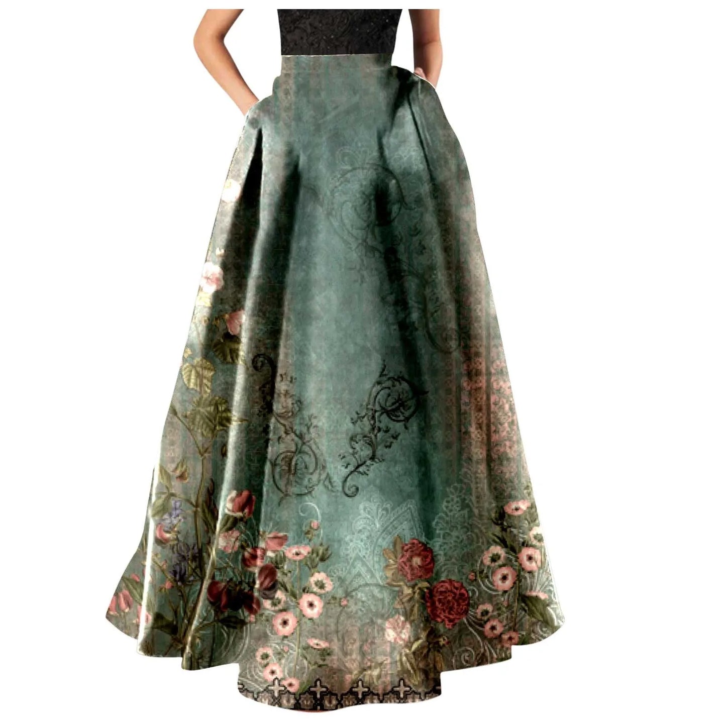 Vintage Floral Print Maxi Skirt High Waist Party Beach Long Skirts Spring Summer Casual Pocket Skirt For Women Elegant Vestidos