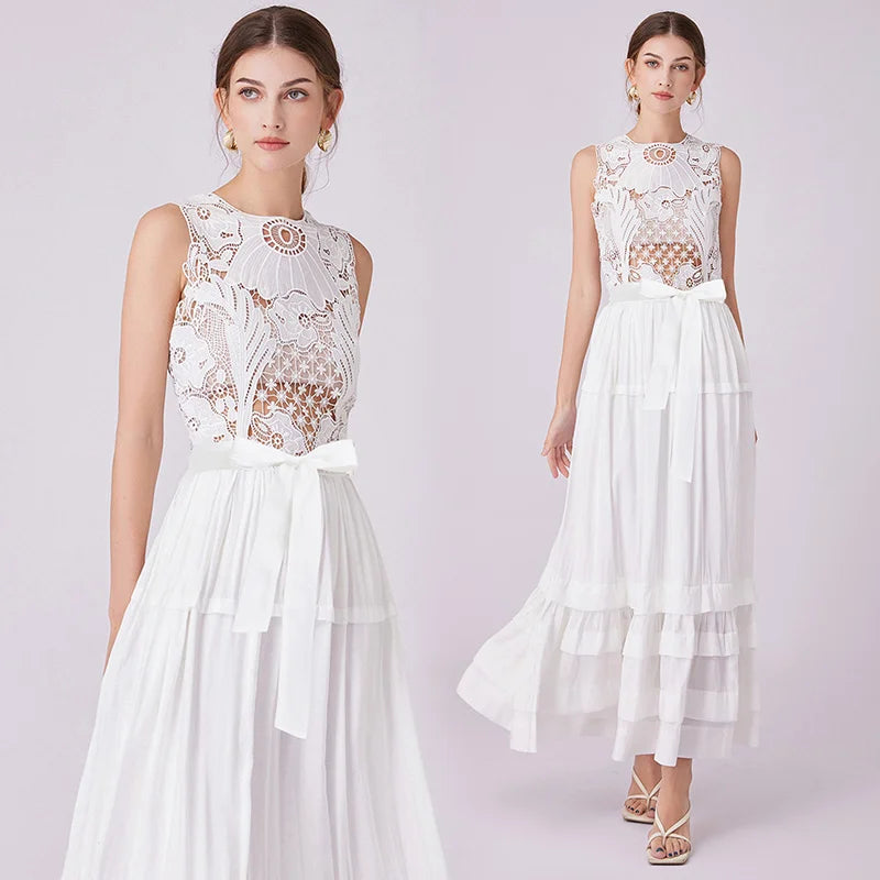 Designer Summer Holiday Women Dress Lace Flower Embroidery Crochet Long Evening Dresses Maxi Vestidos