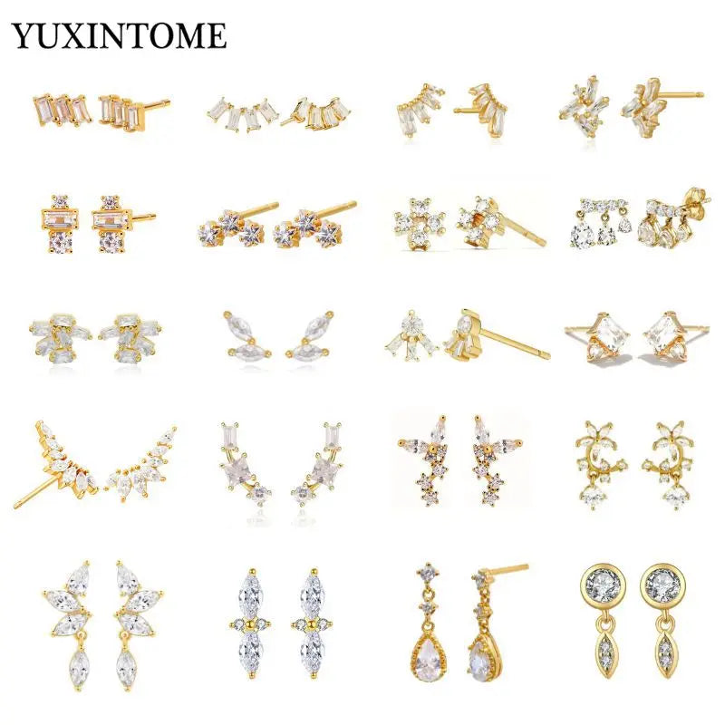 925 Sterling Silver Ear Needle Geometric Zircon Metal Earrings for women Shiny Crystal Luxury Small Stud Fashion Wedding Jewelry