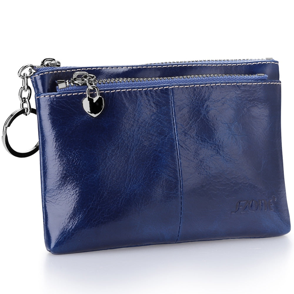 S-ZONE Women Genuine Leather Triple Zipper Small Wallet Change Coin Purse Holder