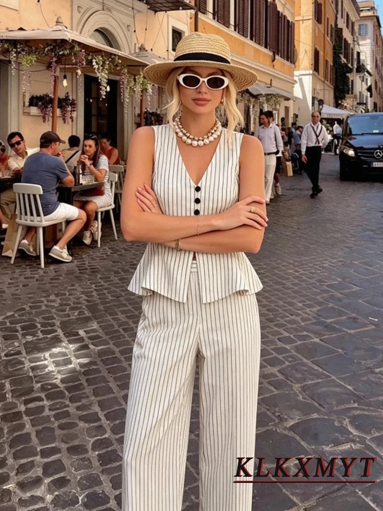 Women Fashion Stripe Sets Sexy Sleeveless Button Fold Hem Top+Wide-Leg Pants Summer Autumn Vacation Leisure New 2 Pieces
