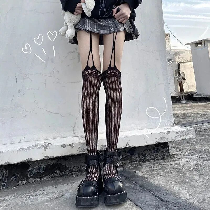Gothic Dark Girl Long Sexy Fishnet Stockings Women Classical Design Harajuku Emo Mesh Tights Lingerie Thigh High Garters Hosiery