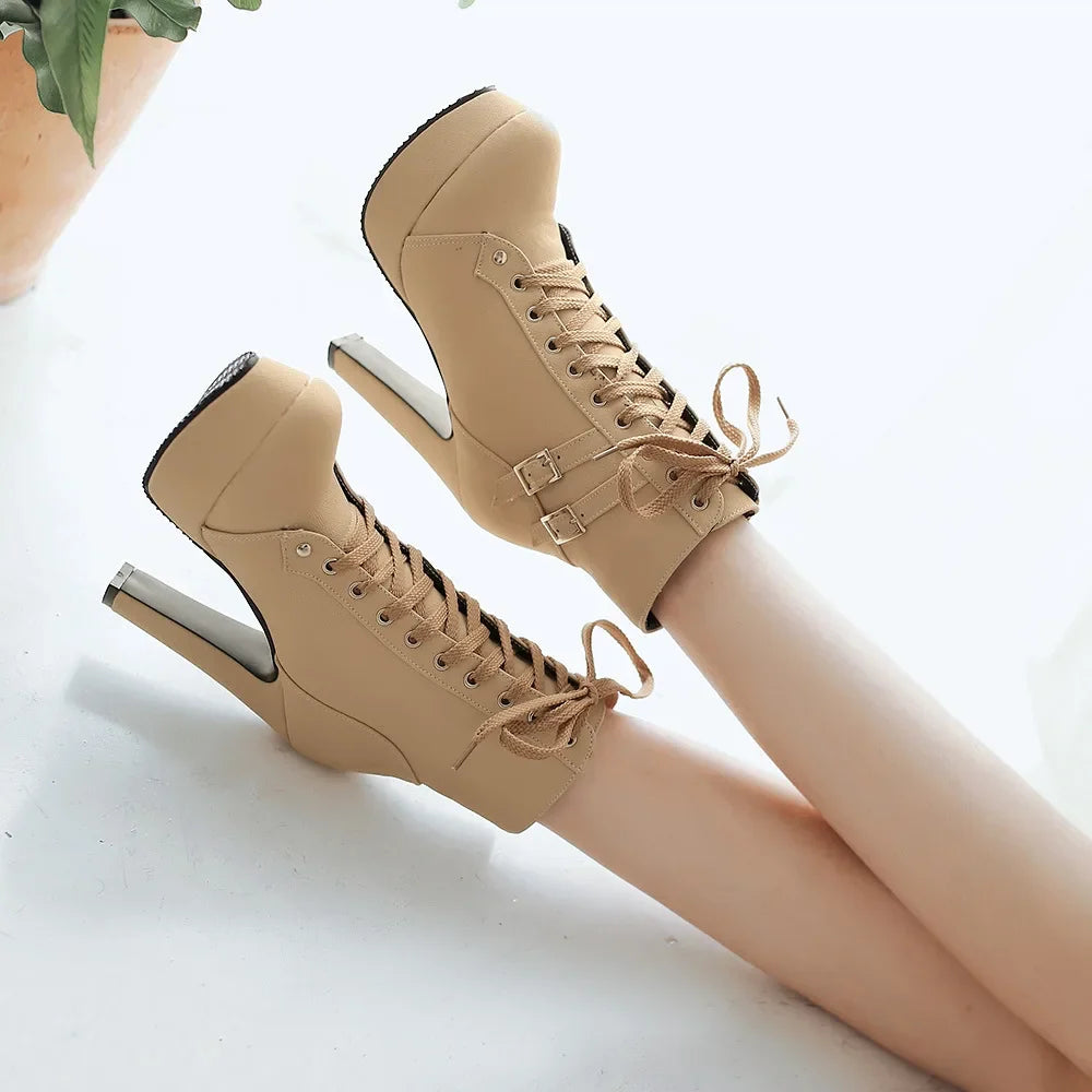 High Heel Platform Lace Up Heeled Ankle Boots