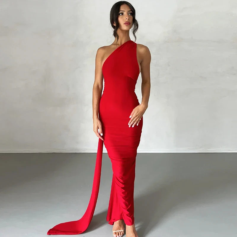 Hugcitar One Shoulder Backless Adjustable Scarf Loop Ruched Sexy Maxi Dress 2025 Women Elegant Y2K Streetwear Festival Outfit