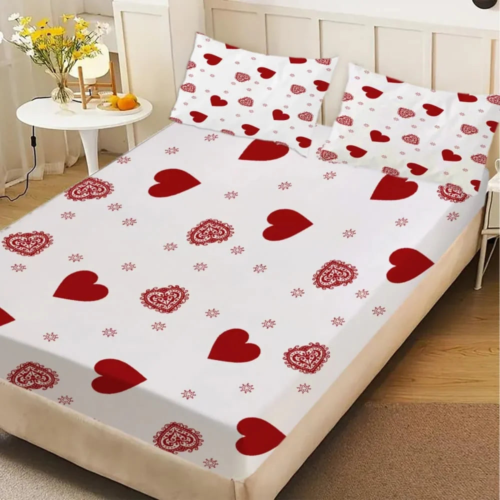1pc red hearts Print Fitted Sheet Deep Pocket Elastic Mattress Cover Single Double Queen King Bedroom Decor