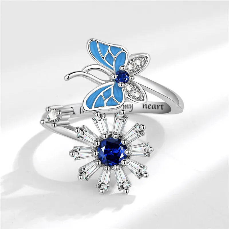 2023 Fashion Beads Anxiety Ring Fidget Spinner Rings Crystal Butterfly Flower Star Moon Ring Anti Stress Jewelry Gift