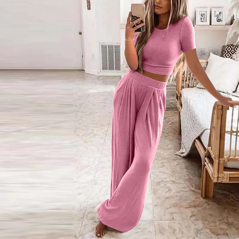 Autumn Women's Solid Knitted Casual Home Wear Slim Tops Two-Piece Wide Leg Pants Set Ladies Clothes Winter Fashion Commuter Suit