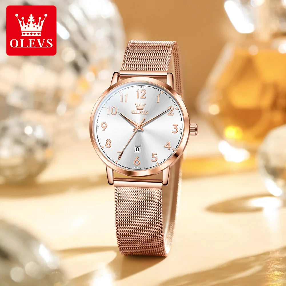 OLEVS 5653 Woman Watches Elegant Original Quartz Watch Waterproof Arabic Numerals Mesh Belt Date Ladies Watch Set Bracelet Watch