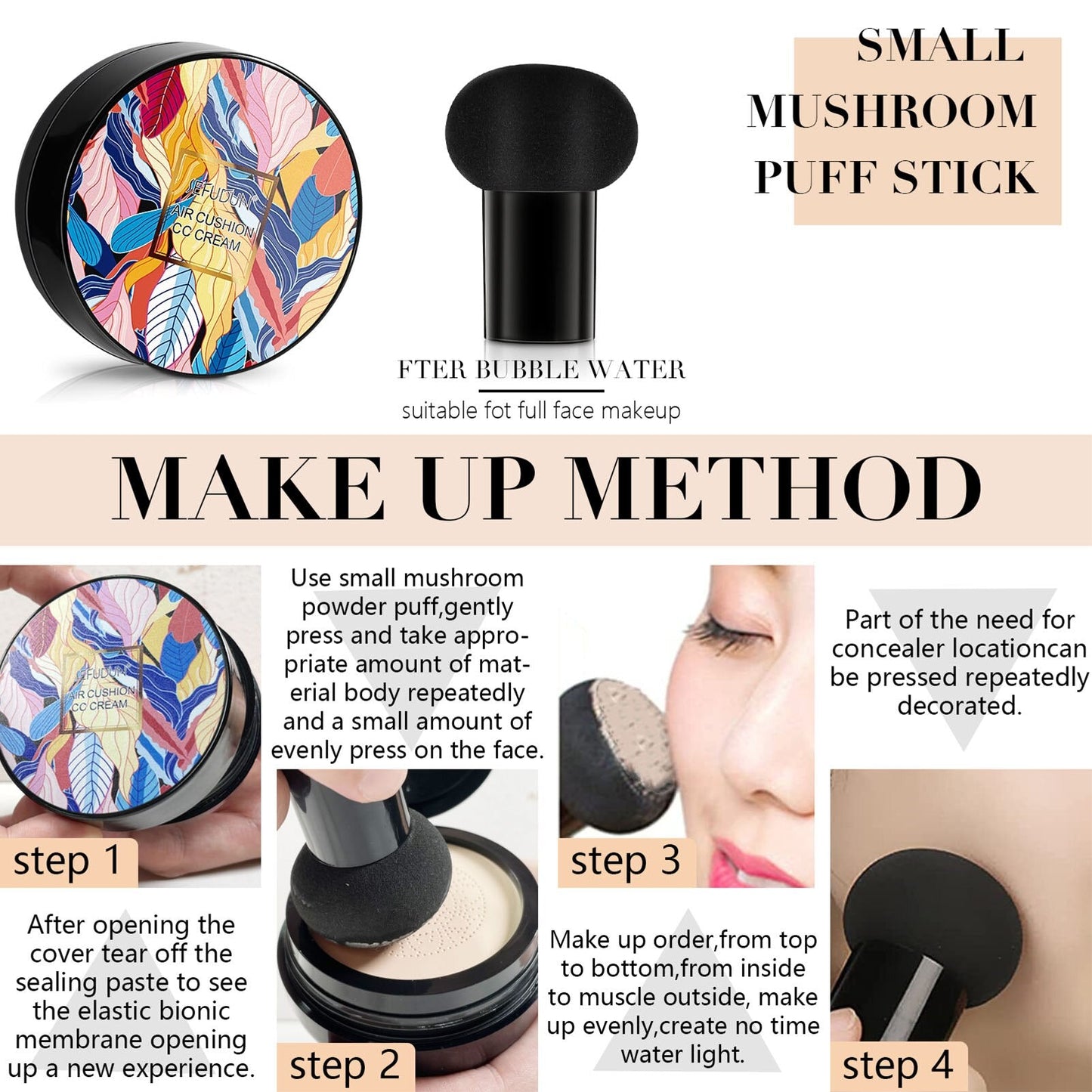 CC Cream Moisturizing Liquid Foundation Concealer Long Lasting Safe Plant Ingredients CC Cream With Mushroom Head Apply Makeup