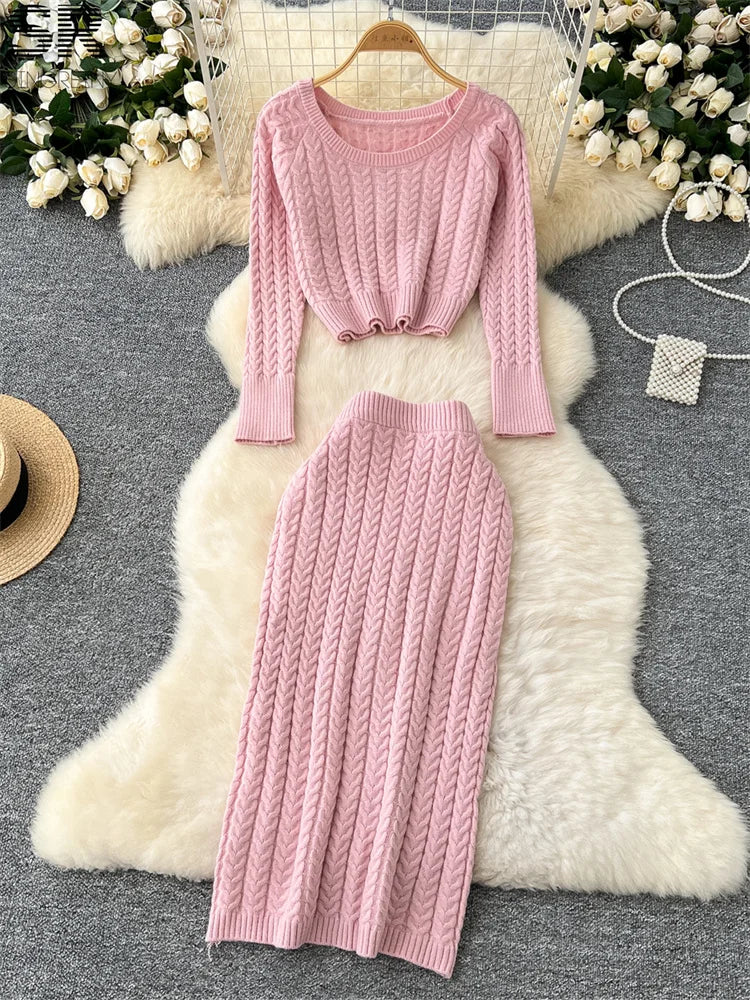 SINGREINY Winter Warm Knitting 2pcs Suits Women Long Sleeve O Neck Short Sweater+Elastic Waist Skirt Autumn Senior Sexy Sets