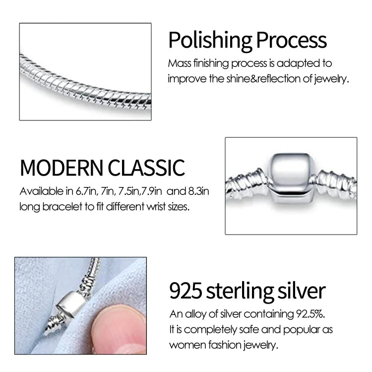 New in 925 Sterling Silver Snake Chain Charm Bracelet Fits Original Brand Pendant Charm Bead For Women Heart Bracelets Jewelry