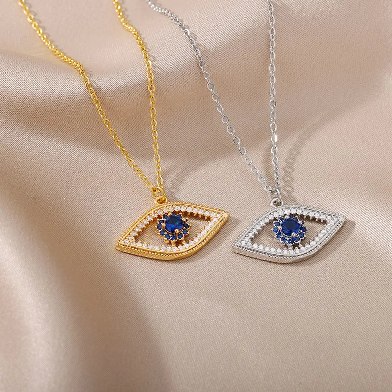 Zircon Evil Eye Necklaces for Women Stainless Steel Sun Pendant Chain Collier Necklace Fashion Turkey Eyes 2023 Goth Jewelry