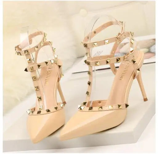 Women's Shoes 9CM Pumps Sexy Club Thin Heel Shows Thin High Heel Shallow Mouth Head Rivet Hollows Word to Take Single Shoe