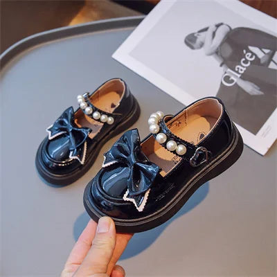 Girls Beige/black Round Toe Princess Shoes Pearl Bow, Girls Four Seasons Outdoor PU Princess Shoes, Size 26-36