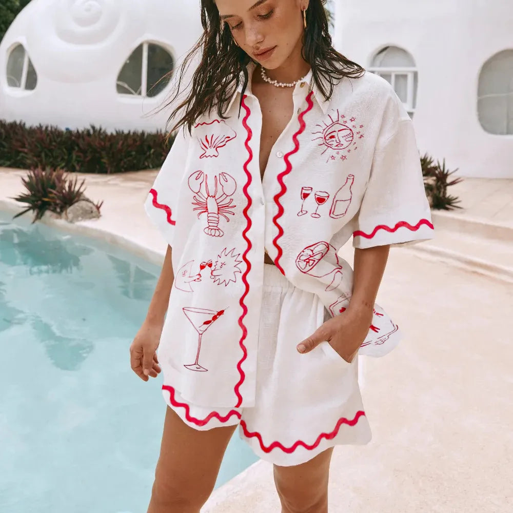 2 Piece Lounge Sets for Women Summer Casual Beach Vacation Two Piece Outfits Button down Pajamas Ric Rac Shorts Set