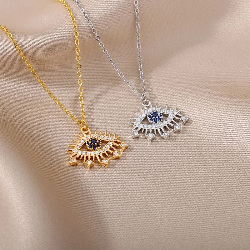 Zircon Evil Eye Necklaces for Women Stainless Steel Sun Pendant Chain Collier Necklace Fashion Turkey Eyes 2023 Goth Jewelry