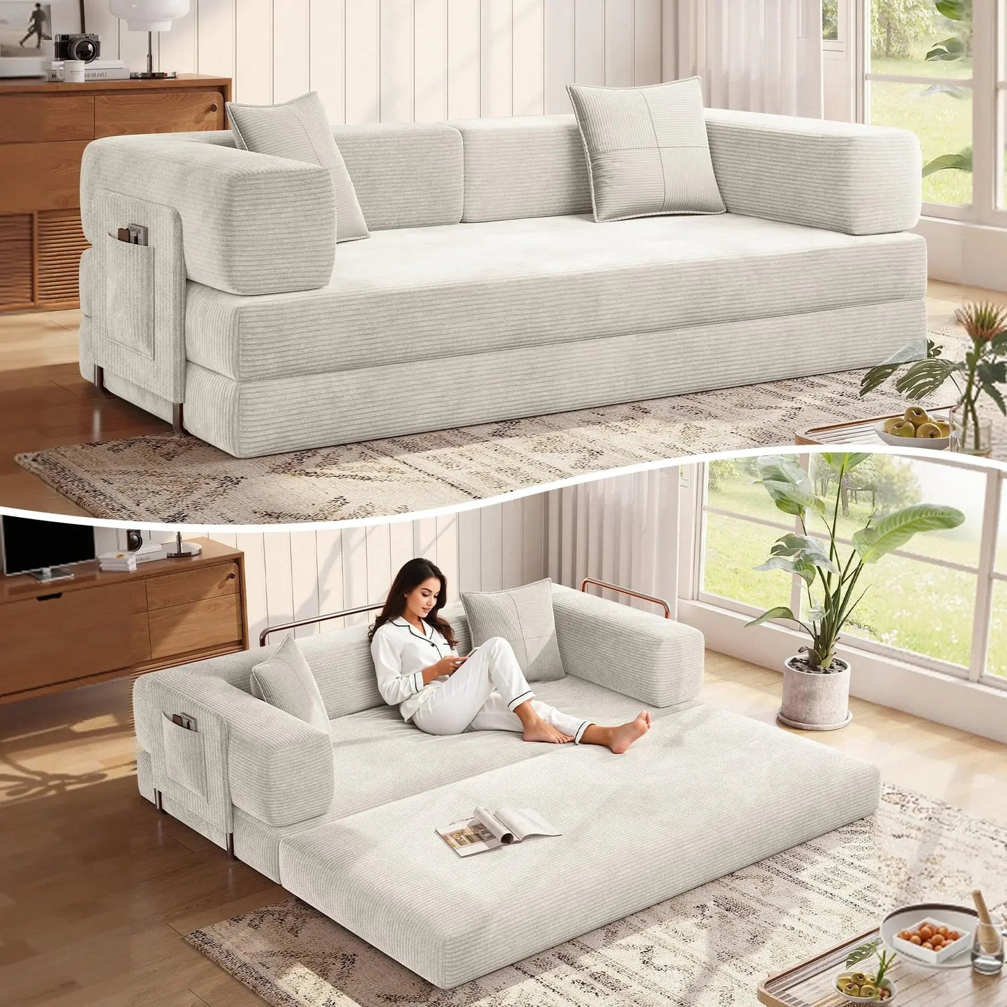 MoonSpeak 78.8''Sleeper Couch Bed for Livingroom,Convertible Modular Sofa with Armrest Pillow,Modular Foldable Corduroy Couches