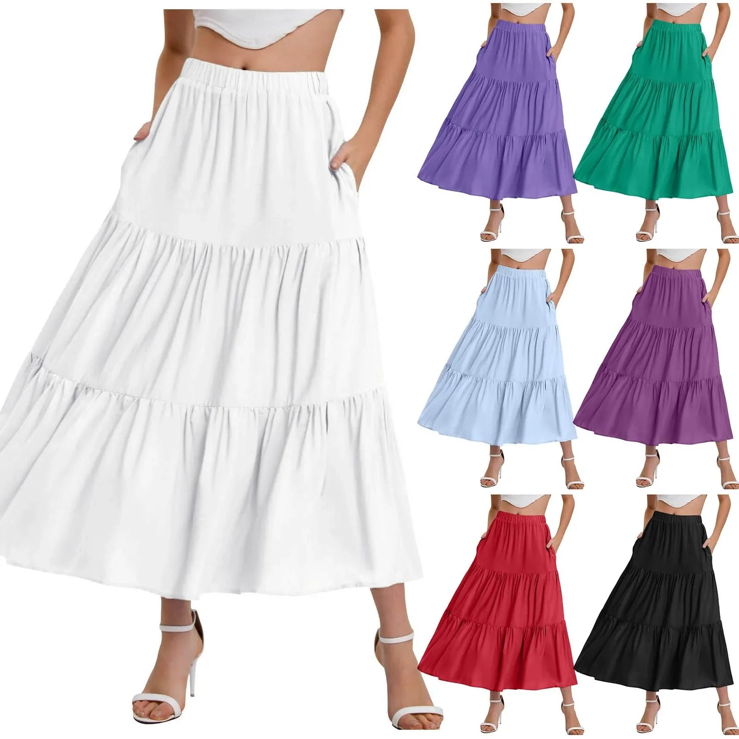 Skirts For Women Summer Bohemian Swing Beach Skirt High Waist A Line Flowy Skirts Pleated Layered Ruffle Hem Flowy A Line Skirt