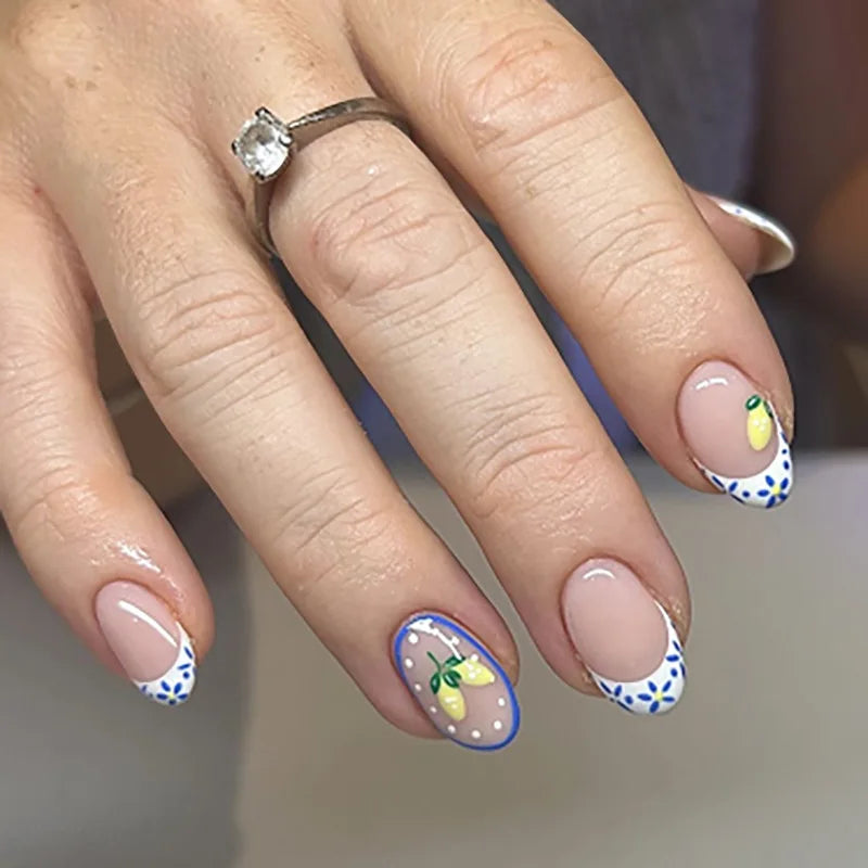 3D Lemon Blue White Striped French Nail Art Summer Chic Short Round False Nails Detachable Finished Fake Nails Press on Nails