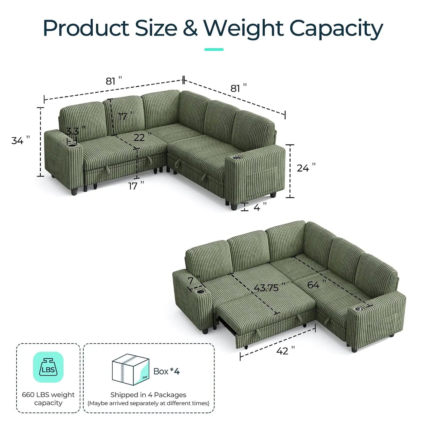 Sectional Couches for Living Room, 81" L Shape 5 Seats, Green | Sleeper sofa with pull out couch bed, corduroy, Customized