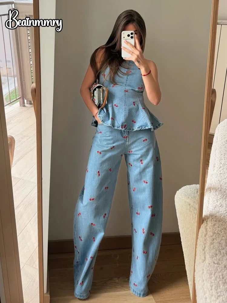 Denim Printed Sleeveless Pants  2-piece Set Women's Elegant Round Neck Fashion Short Shirt Long Pants Suit 2026 Street Outfit