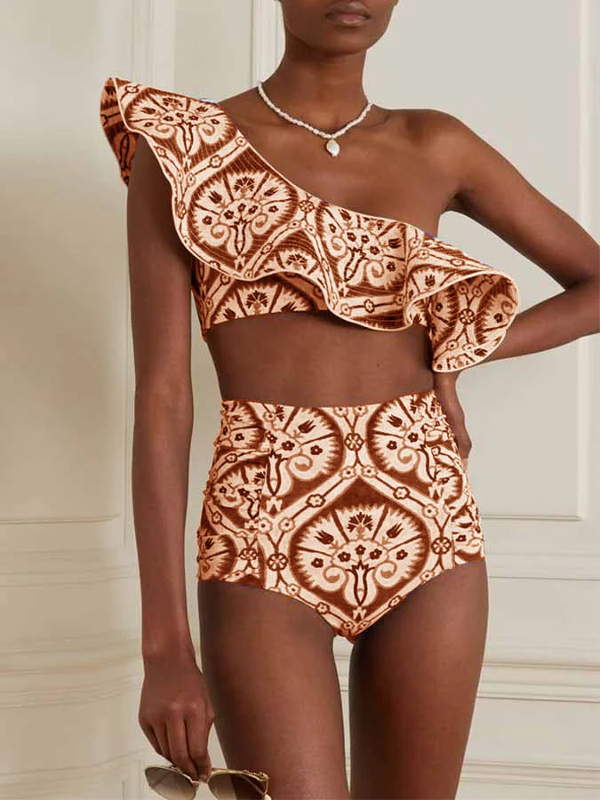 Women's Printed Ruffle Swimsuit Fashion One Shoulder Slash Breasted Bikini Two Piece High Waisted Tummy Tuck Beachwear 2024 New