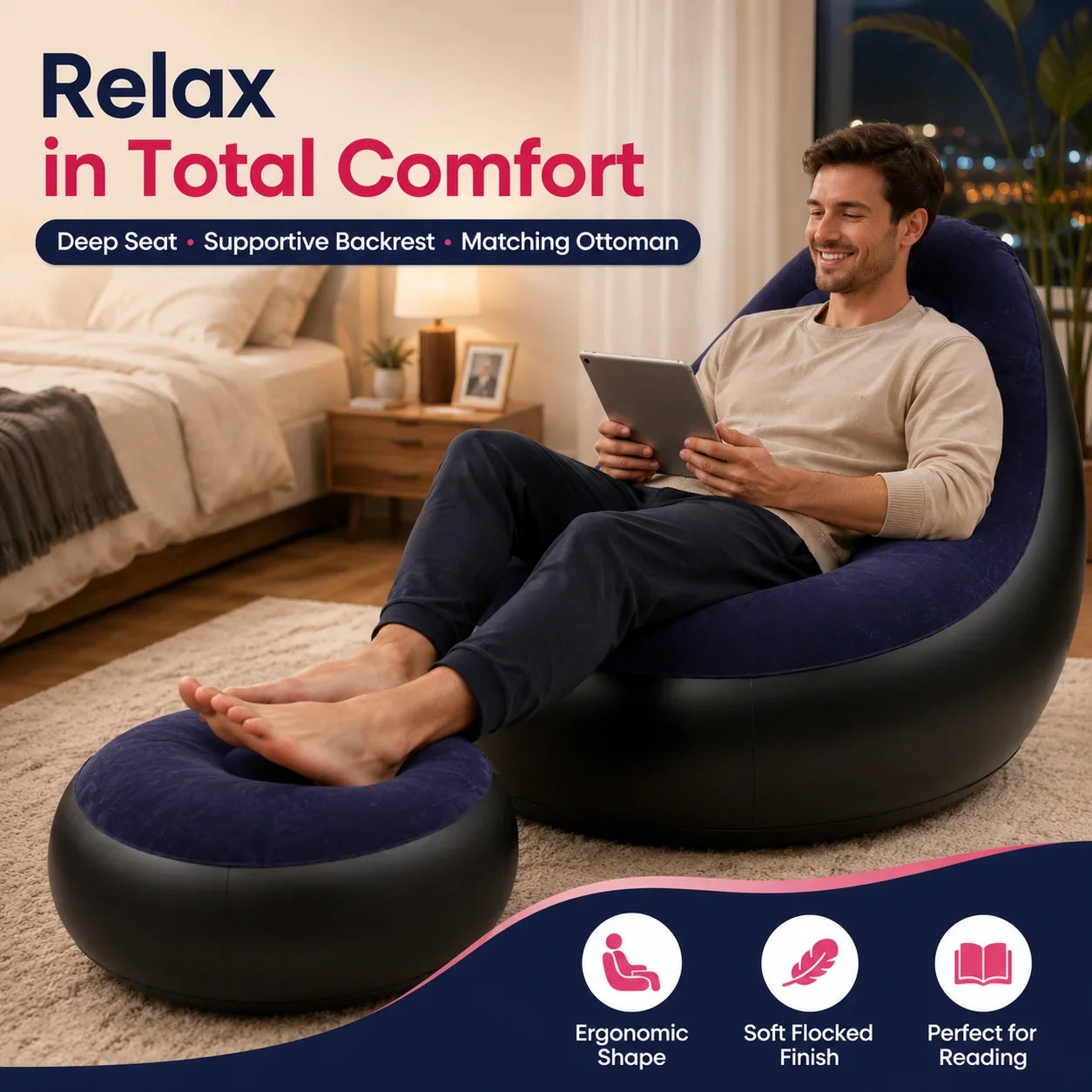 1PC nflatable Air Sofa Chair with Footrest, Portable Lounge Chair Set Soft Flocked Surface for Bedroom Dorm Living Room
