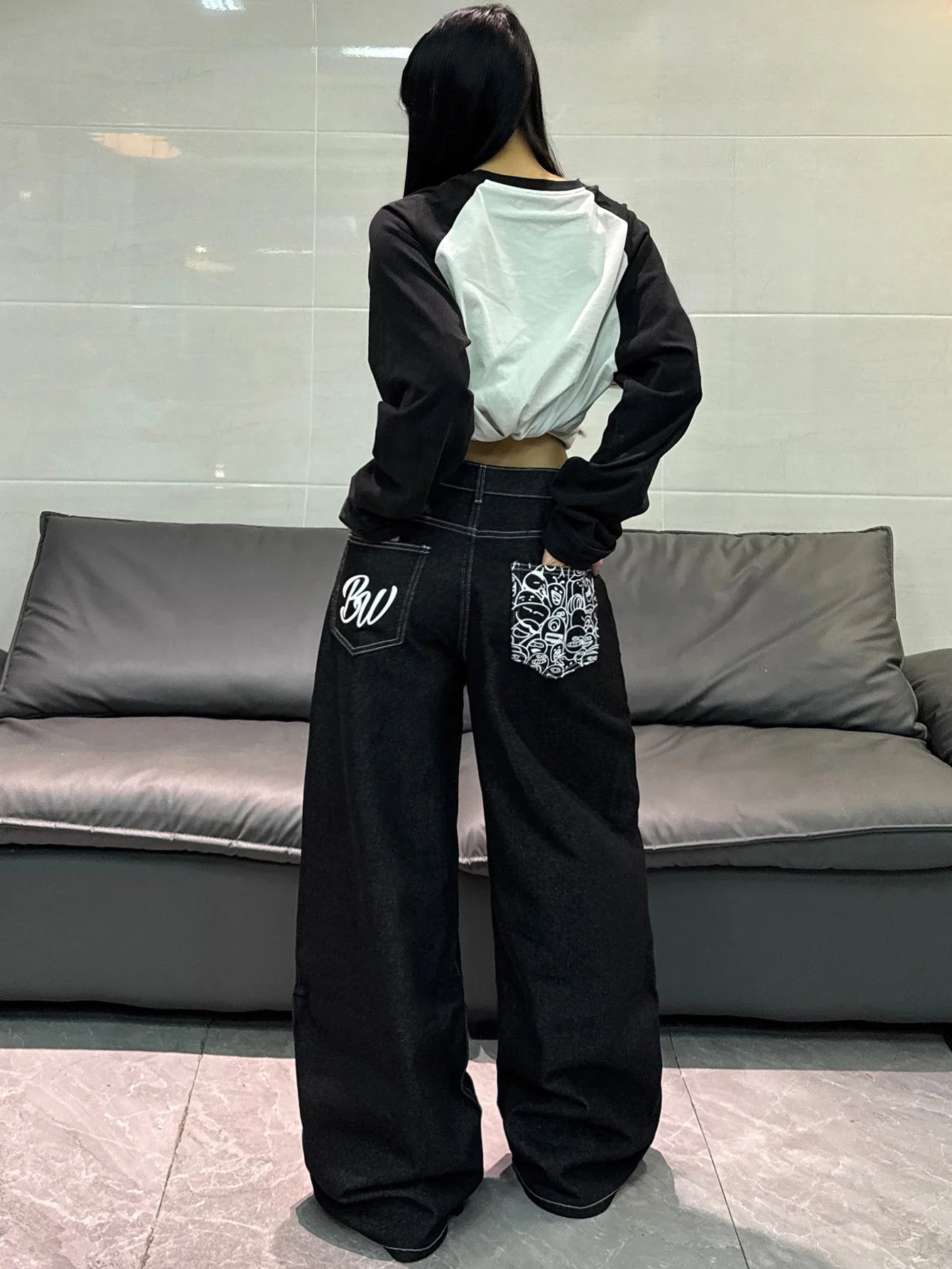 American High Street Cartoon Print Design Black Women's Loose Wide Leg Jeans Y2K Street Fashion Versatile Trousers