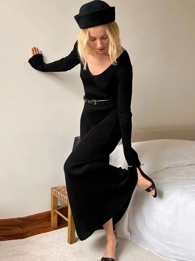 Solid Knitted Ribbed Long Dress Women Slim V-neck Long Sleeve Elegant Female Dresses 2024 Autumn Lady Casual High Street Robes