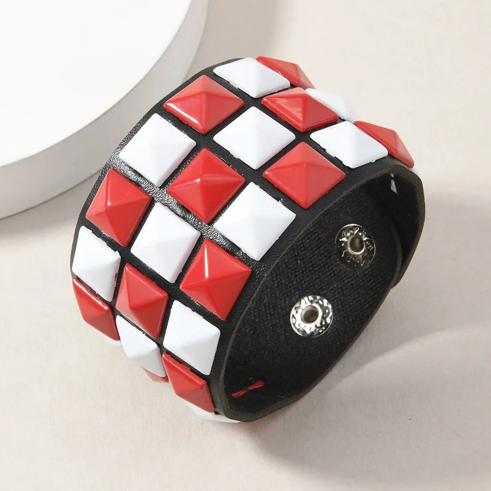 18 Color Punk Hip-Hop Three Rows of Square Rivets PU Leather Big Wide
