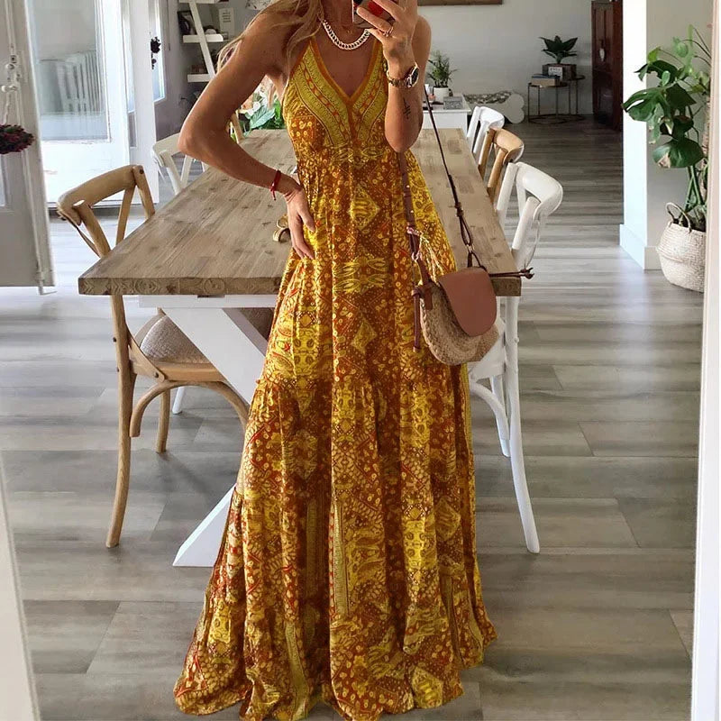 2024 Women's Summer Boho Long Dresses Elegant V Neck Party Dresses Vintage Printed Sleeveless Sexy Slim Maxi Beach Dress Mujer