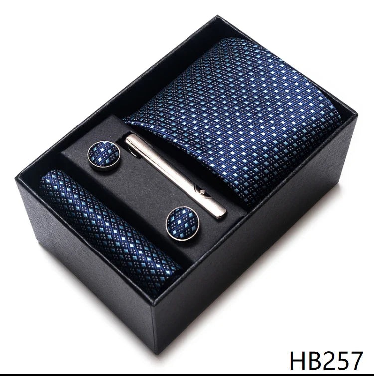 8 cm Wide Tie Sets Blue Solid Men's Neck Tie Handkerchief Cufflinks Clip Gift Silk Handmade
