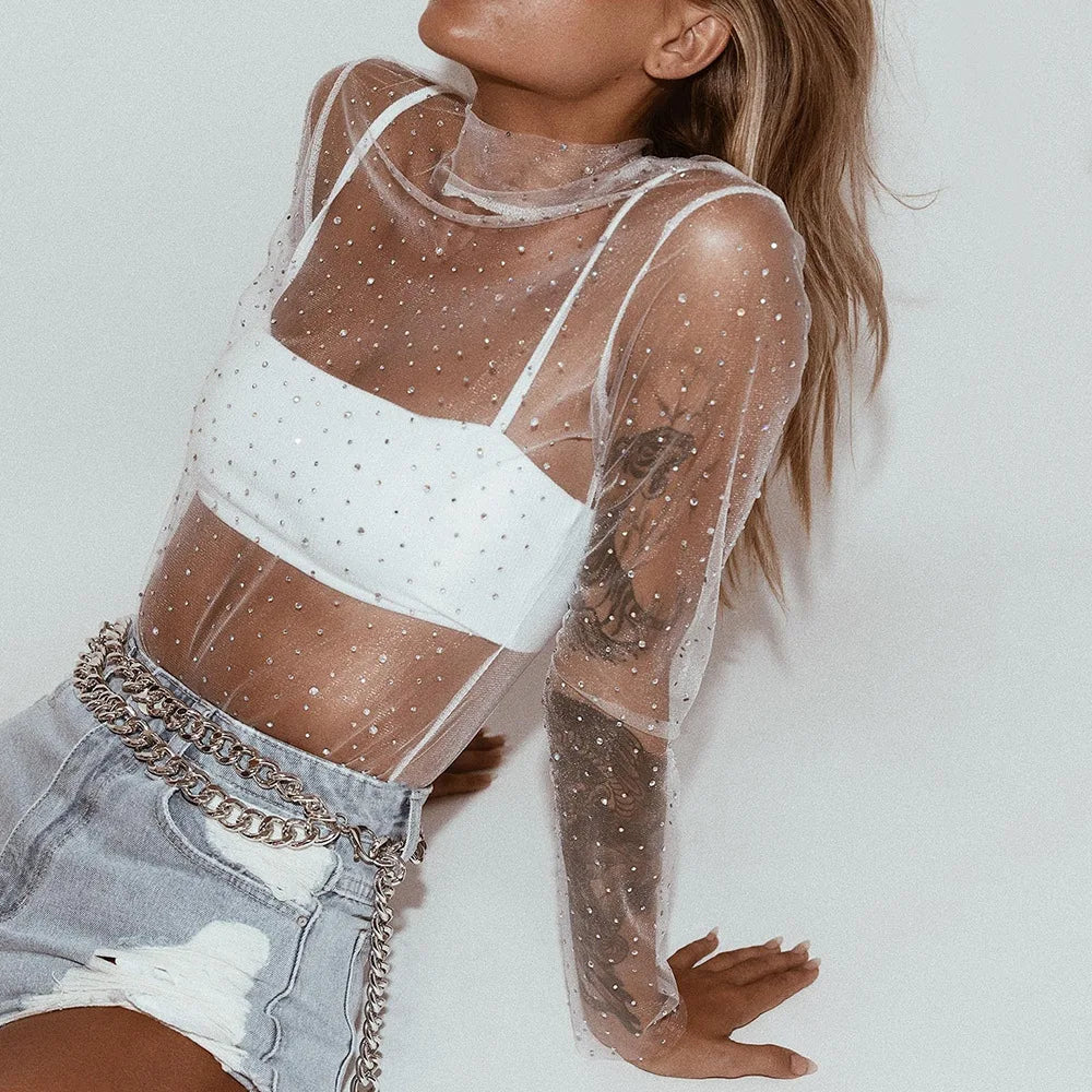 Women Sexy See Through Shirts Perspective Mesh Long Sleeve Tops Turtleneck Neck Sheer Blouse Shine Rhinestone T-Shirts Tee Club