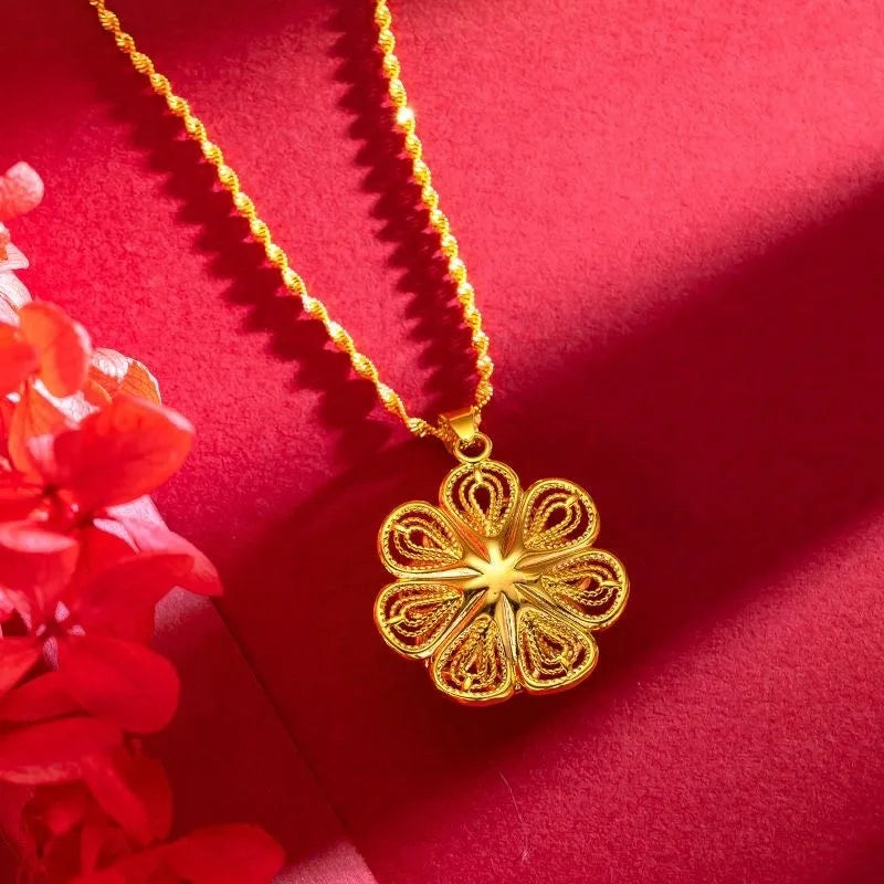 24K Gold Color Flower Pendant Necklaces for Women 18 Inch Water Wave