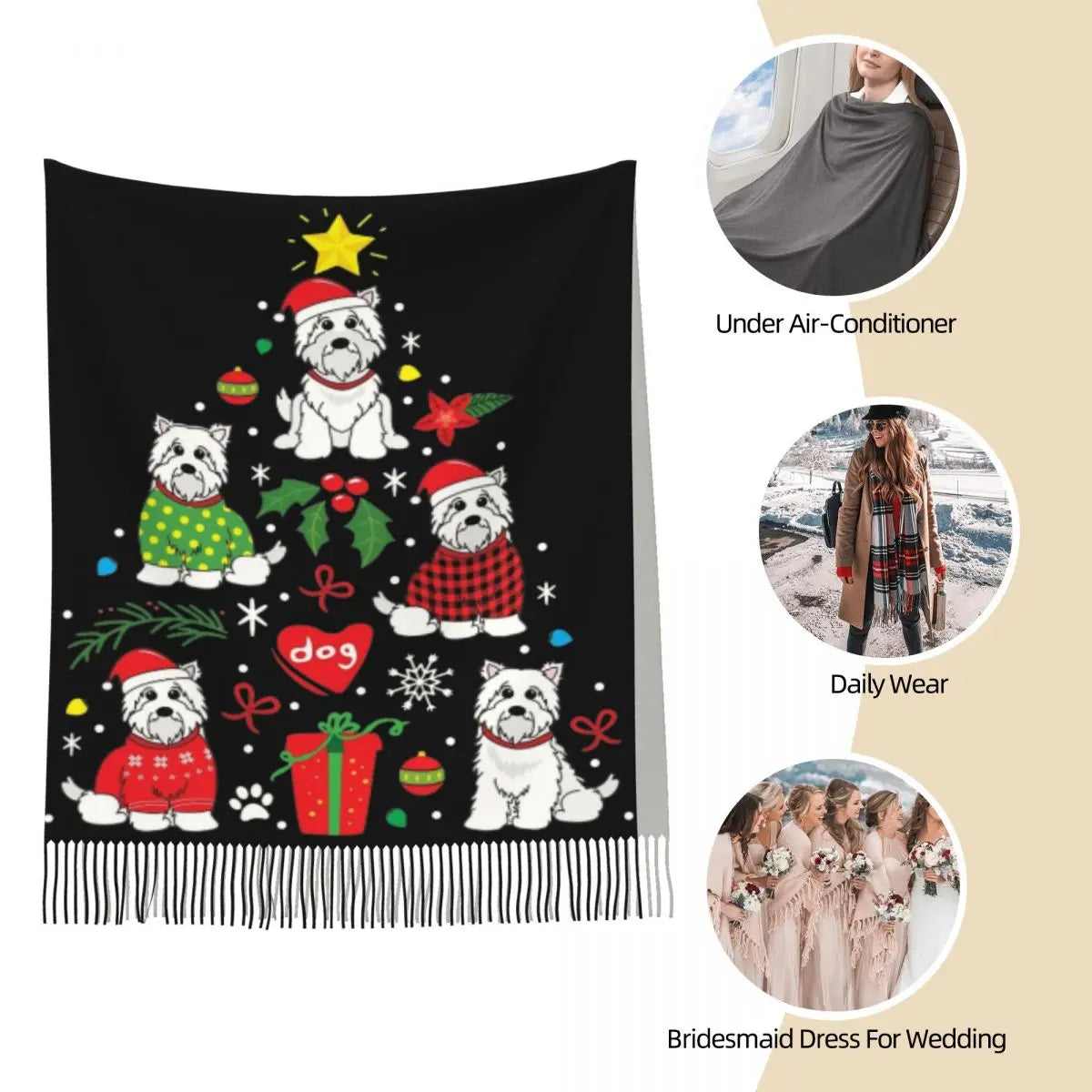 Womens Tassel Scarf Westie Dog Christmas Tree Large Winter Warm Shawl Wrap Gifts Cashmere Scarf