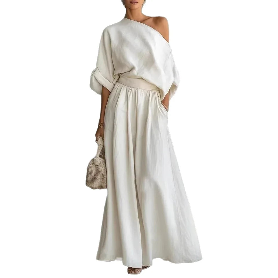 2026 Elegant Two-piece Short Sleeve Top & Casual Pants Set Woman Sexy Slash Neck Solid Suit Outfit Spring Fall Female Clothing