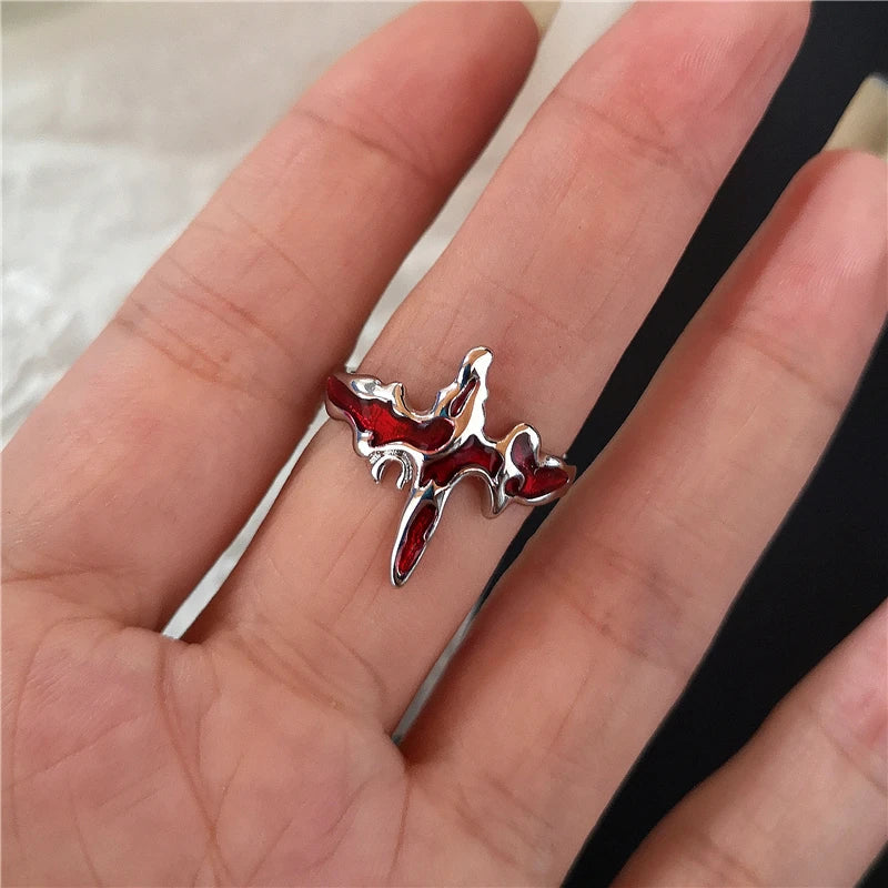 Goth Punk Vintage Red Crystal Love Heart Cross Geometry Irregular Open Ring Set Y2K Halloween Accessories For Women Kpop Jewelry