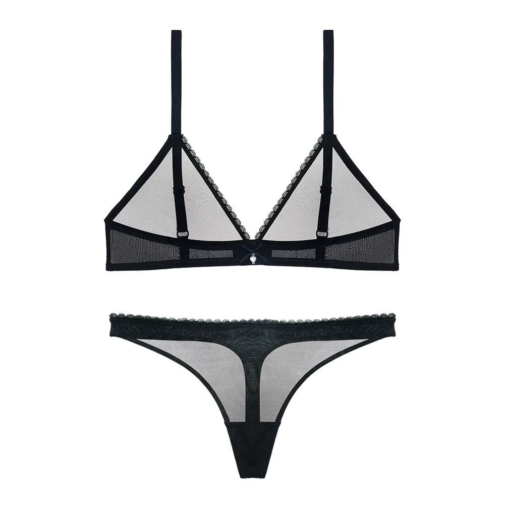 Sexy ladies see through elastic mesh bra set women wire free white underwear bra+thong lingerie set