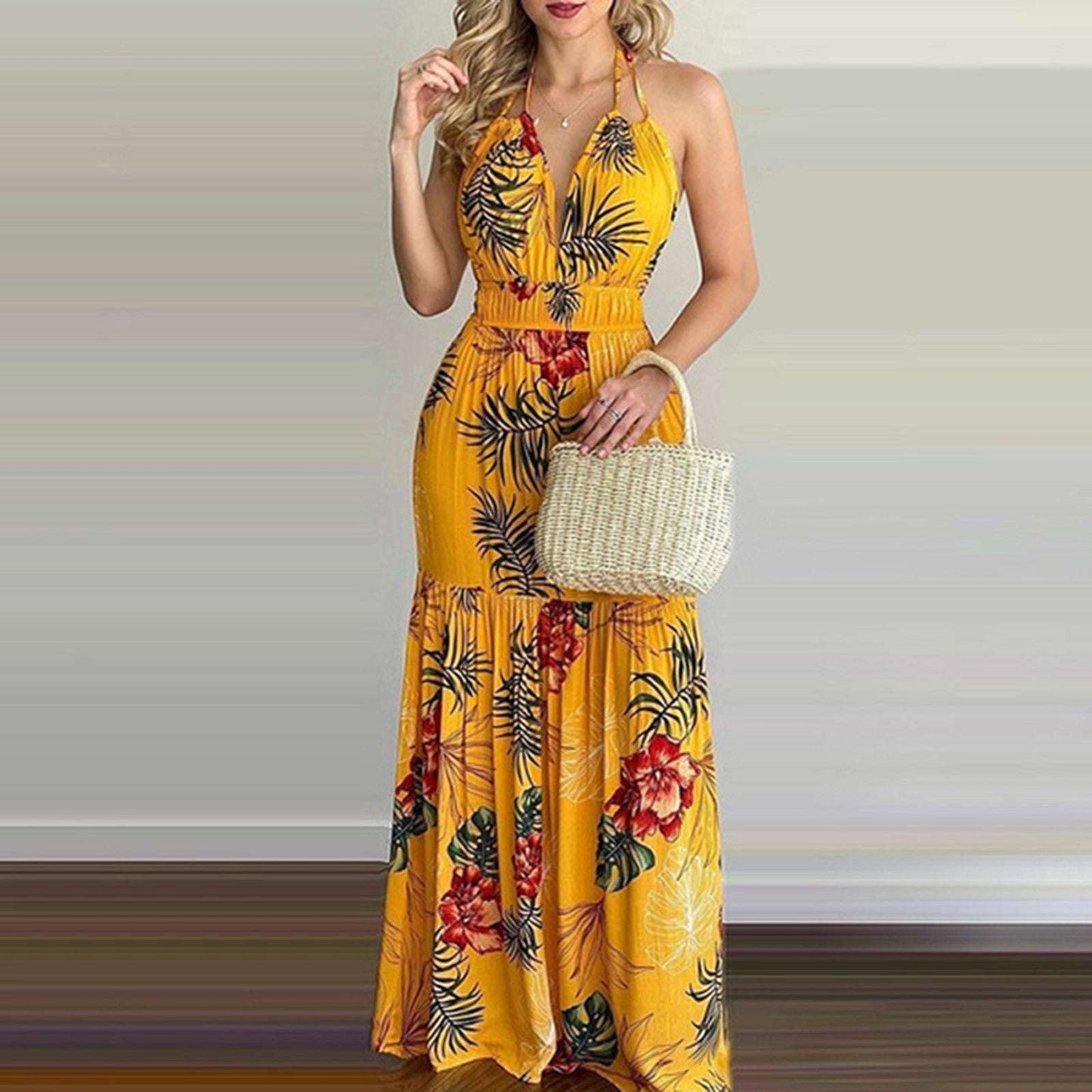 Women Tropical Print Halter Backless Maxi Dress Sexy Sleeveless Deeep V Beach Dress Chic Elegant Ruffles Pleated Dress Vestidos