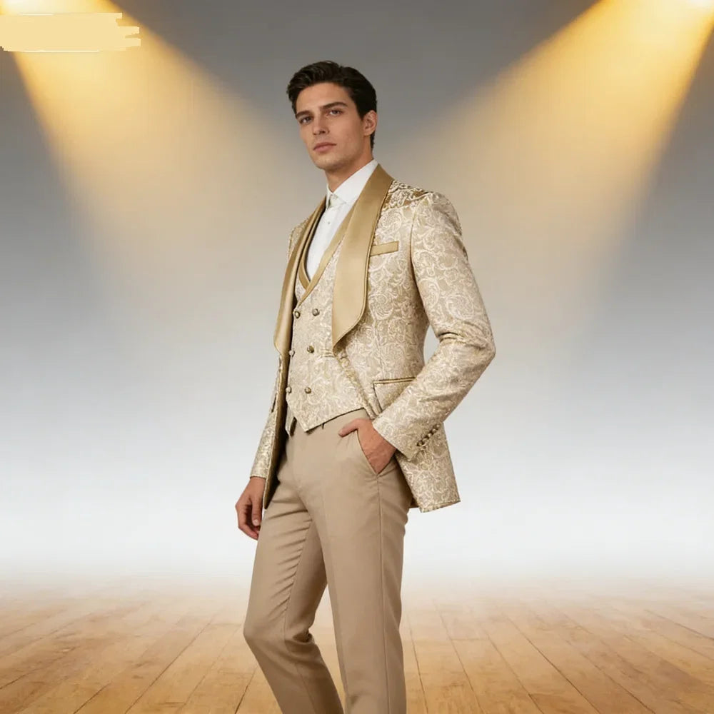 Champagne Jacquard 3-Piece Men's Formal Smoking Suit with Shaw Lapel Blazer Set for Groom Wedding Best Man Tuxedos for Party