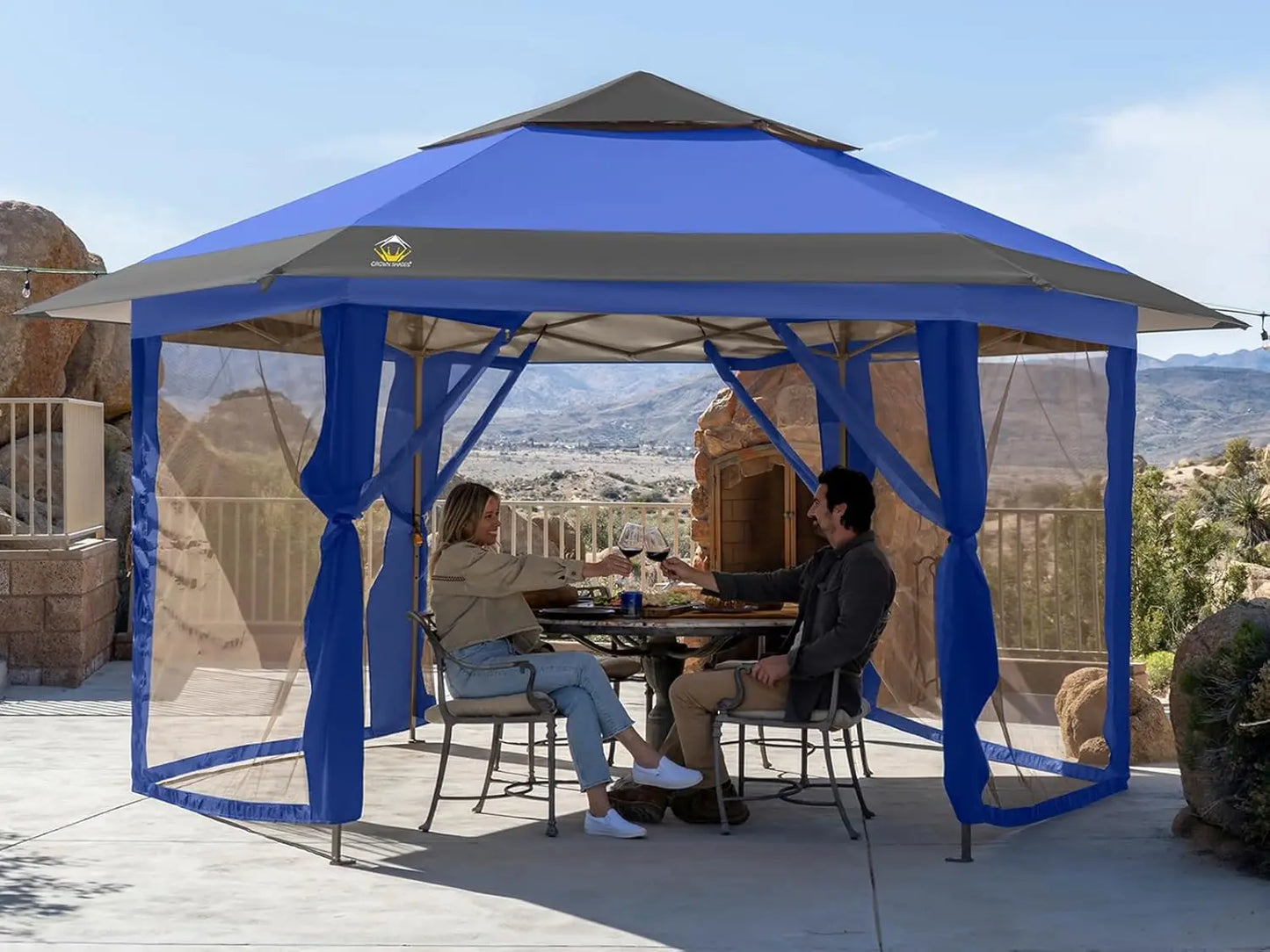 16x16 Pop up Gazebo with Mosquito Nettings, Patented Center Lock 6-Sided Portable Gazebo, 300D Silver-Coated Fabric UV Resistant