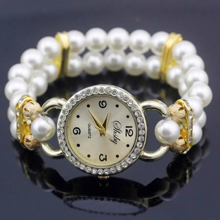 Shsby New Women's Rhinestone Quartz Analog Bracelet Wrist Watch Lady Watches With Colorful Pearls