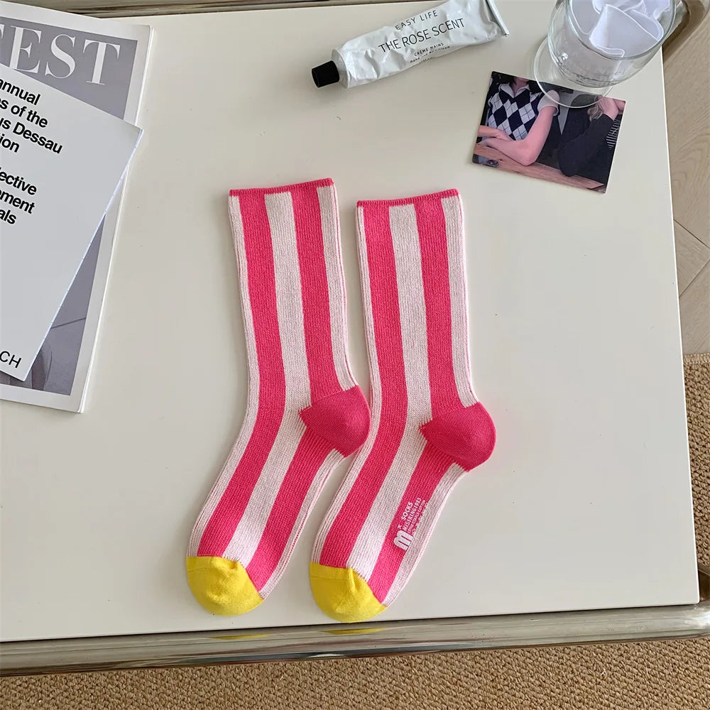 1Pairs Striped Funny Socks Korean Japanese Man Women Design Unisex Fashion Trendy Crew Stockings