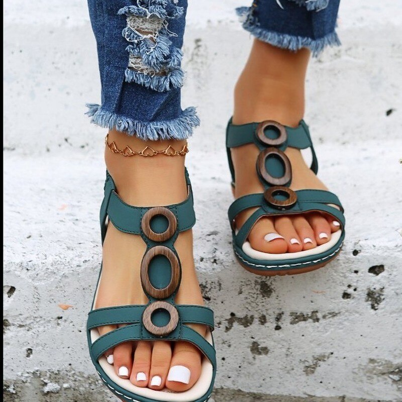 New Summer Women's Gladiator Sandals Cross-Tie Buckle Open Toe Outdoor Beach Shoes Fashion Round Toe Flat Simple Roman Sandals
